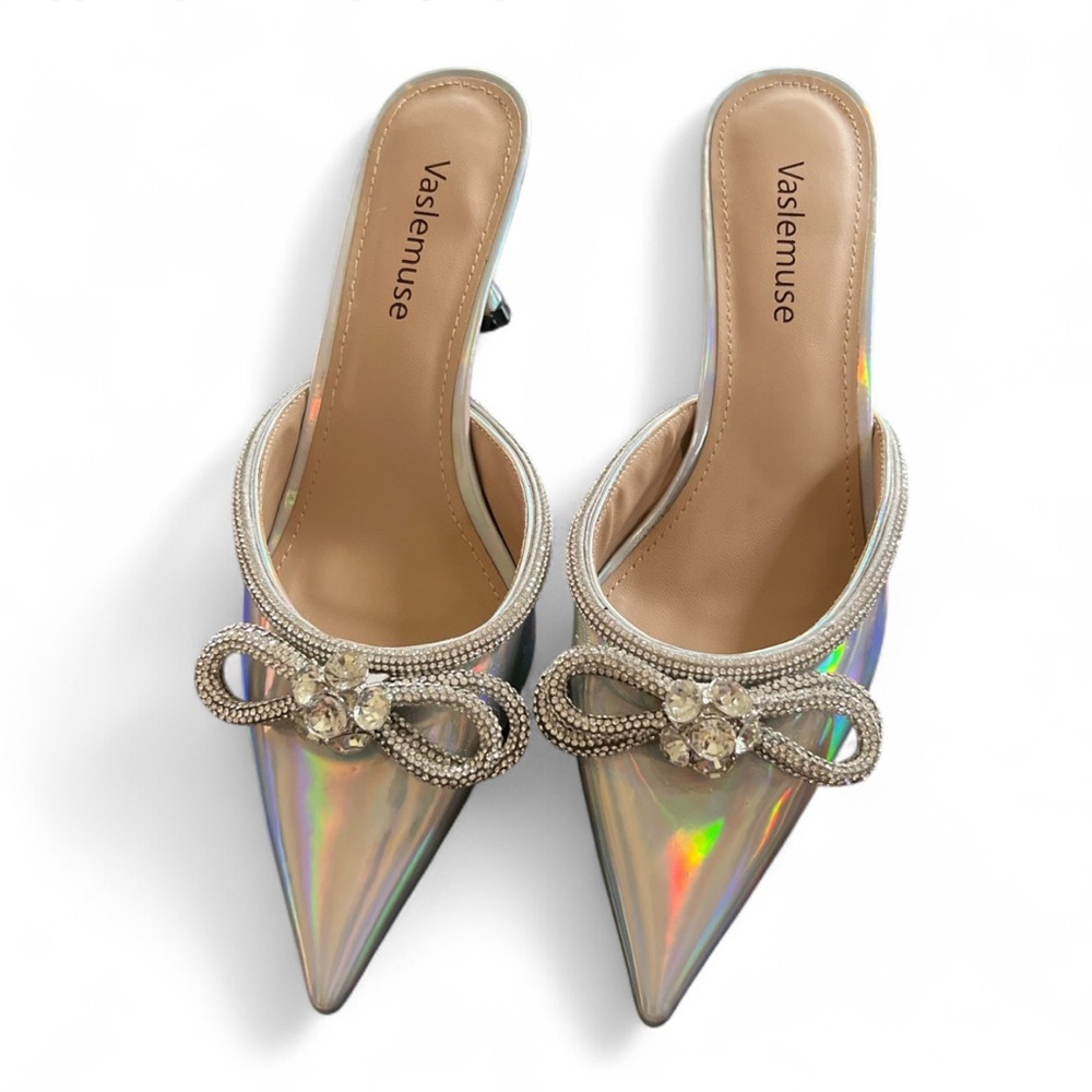 Silver Pointed-Toe Mules with Bow Detail SIZE 8 NEW- NEVER WORN